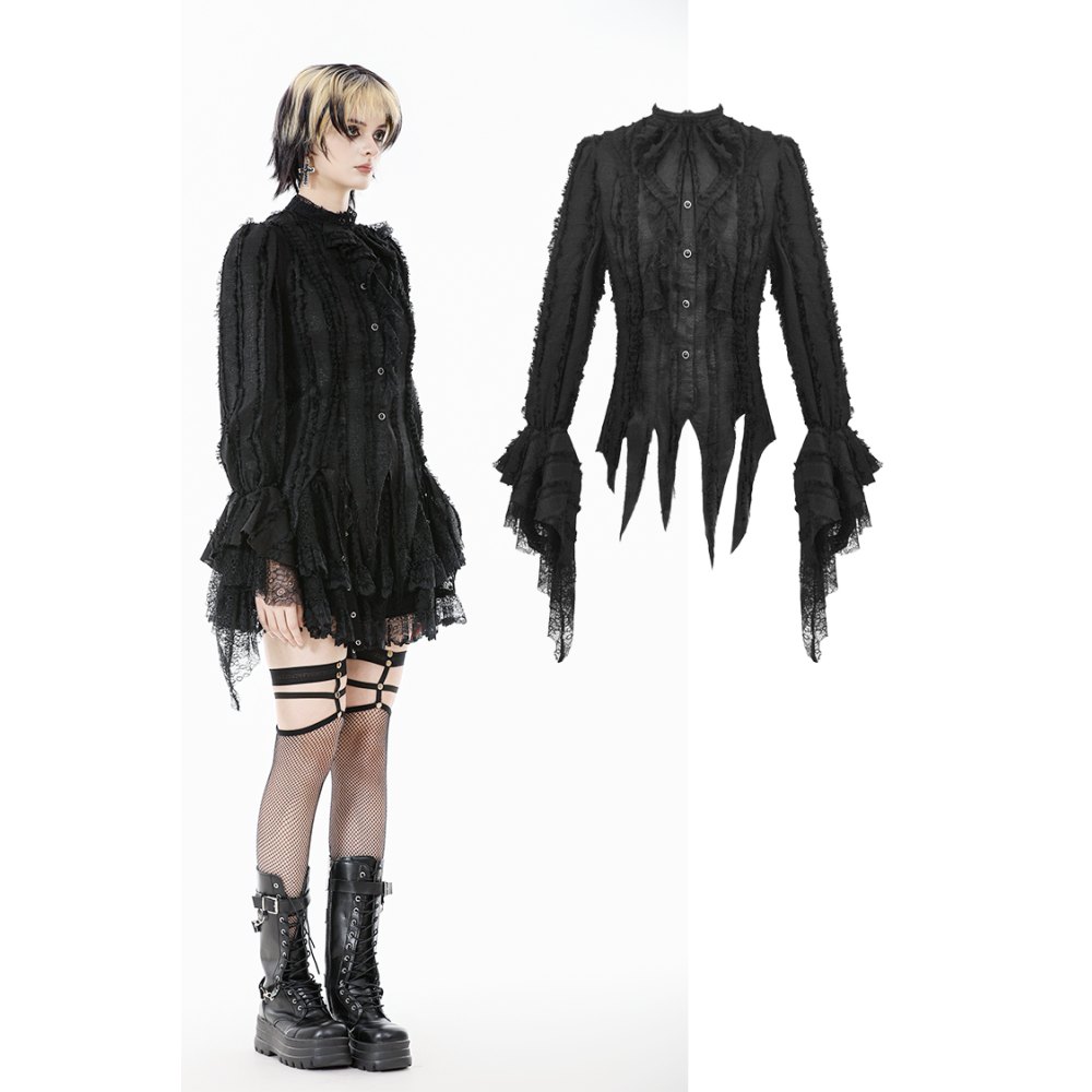Dark in Love - Tattered Silhouette with BurntEdge Lace Blouse - Black